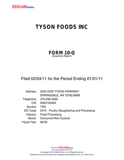 Thumbnail Tyson Foods
 Quarterly Report 2011-q1