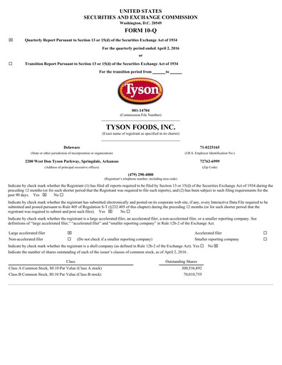 Thumbnail Tyson Foods
 Quarterly Report 2016-q2