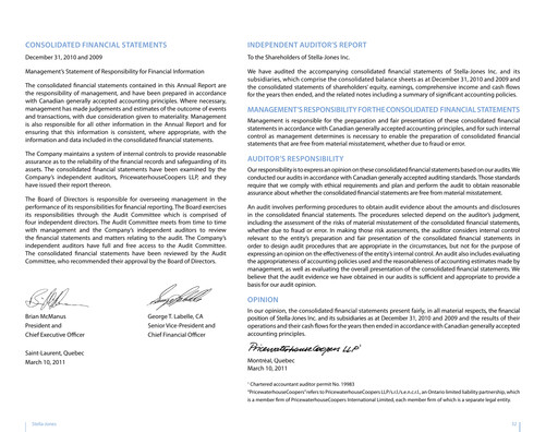 Miniature Stella-Jones Bilan financier fy2010