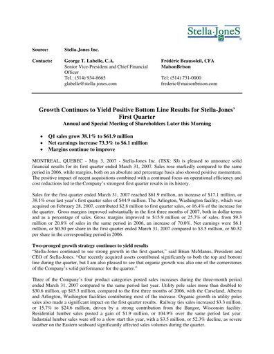 Thumbnail Stella-Jones Quarterly Report 2007-q1