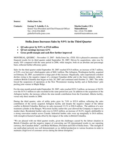 Thumbnail Stella-Jones Quarterly Report 2007-q3