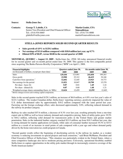 Thumbnail Stella-Jones Quarterly Report 2009-q2
