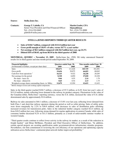 Thumbnail Stella-Jones Quarterly Report 2009-q3
