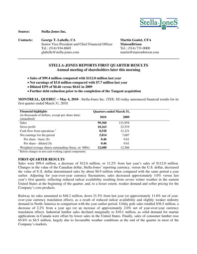 Thumbnail Stella-Jones Quarterly Report 2010-q1