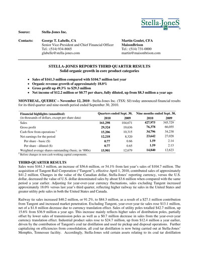 Thumbnail Stella-Jones Quarterly Report 2010-q3