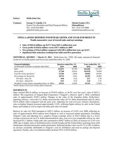 Thumbnail Stella-Jones Quarterly Report 2010-q4
