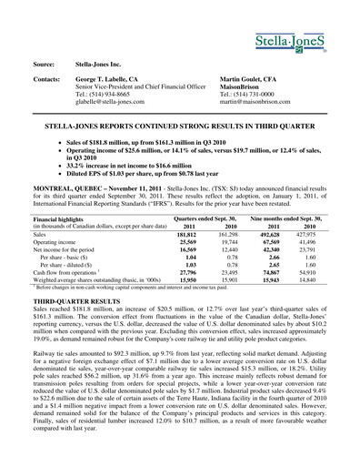 Thumbnail Stella-Jones Quarterly Report 2011-q3