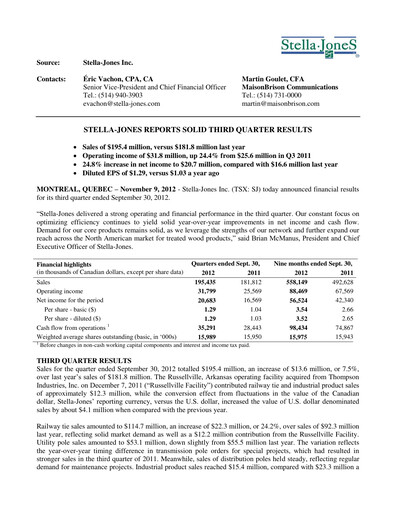 Thumbnail Stella-Jones Quarterly Report 2012-q3