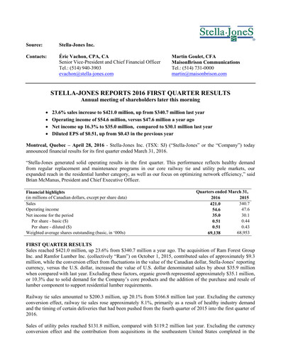 Thumbnail Stella-Jones Quarterly Report 2016-q1