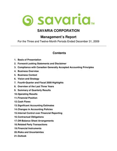 Thumbnail Savaria Corporation Financial Report 2009