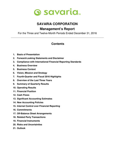 Thumbnail Savaria Corporation Financial Report 2016