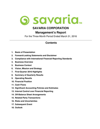 Thumbnail Savaria Corporation Quarterly Report 2016-q1