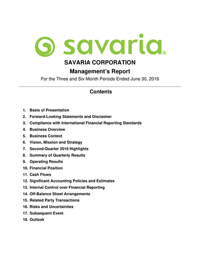 Thumbnail Savaria Corporation Quarterly Report 2016-q2