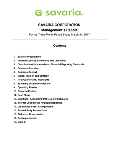 Thumbnail Savaria Corporation Quarterly Report 2017-q1