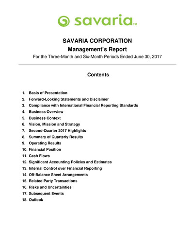Thumbnail Savaria Corporation Quarterly Report 2017-q2