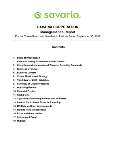 Thumbnail Savaria Corporation Quarterly Report 2017-q3
