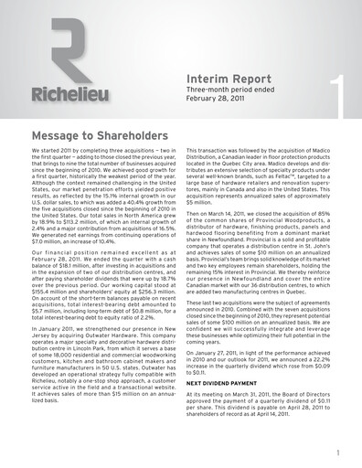 Thumbnail Richelieu Hardware Quarterly Report 2011-q1
