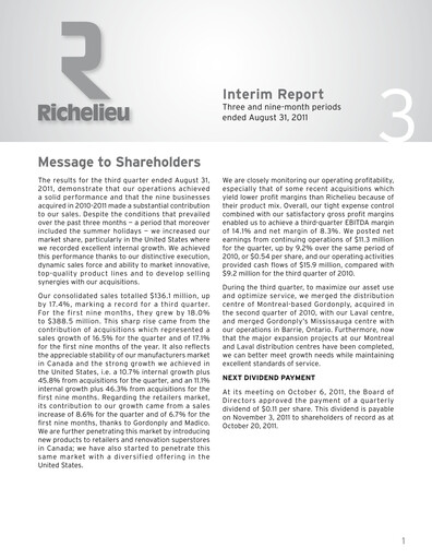 Thumbnail Richelieu Hardware Quarterly Report 2011-q3