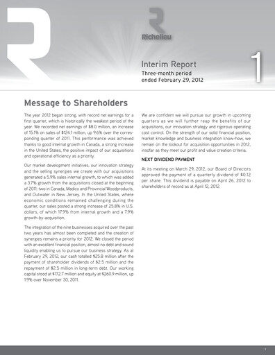 Thumbnail Richelieu Hardware Quarterly Report 2012-q1