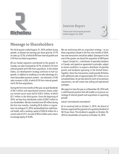 Thumbnail Richelieu Hardware Quarterly Report 2014-q3