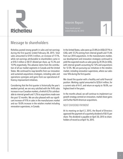 Thumbnail Richelieu Hardware Quarterly Report 2015-q1