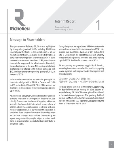 Thumbnail Richelieu Hardware Quarterly Report 2016-q1