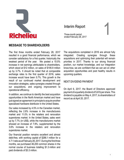 Thumbnail Richelieu Hardware Quarterly Report 2017-q1
