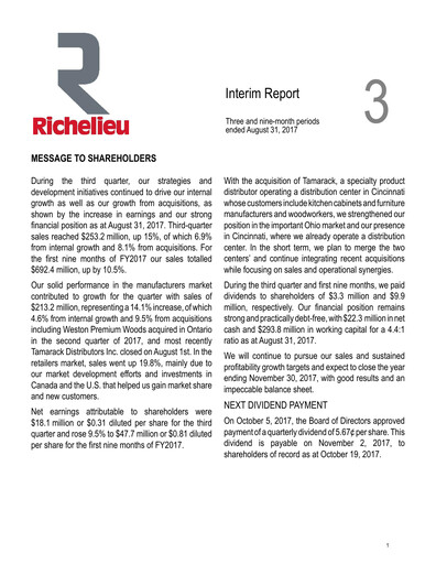Thumbnail Richelieu Hardware Quarterly Report 2017-q3