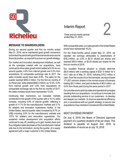 Thumbnail Richelieu Hardware Quarterly Report 2018-q2