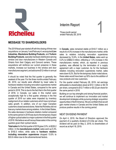 Thumbnail Richelieu Hardware Quarterly Report 2019-q1