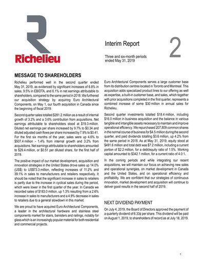 Thumbnail Richelieu Hardware Quarterly Report 2019-q2