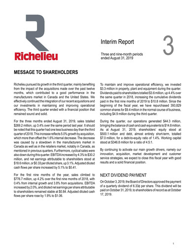 Thumbnail Richelieu Hardware Quarterly Report 2019-q3