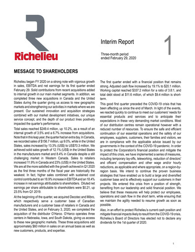 Thumbnail Richelieu Hardware Quarterly Report 2020-q1