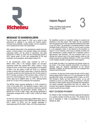 Thumbnail Richelieu Hardware Quarterly Report 2020-q3