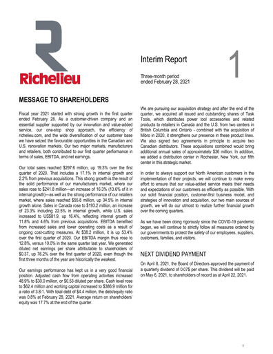 Thumbnail Richelieu Hardware Quarterly Report 2021-q1