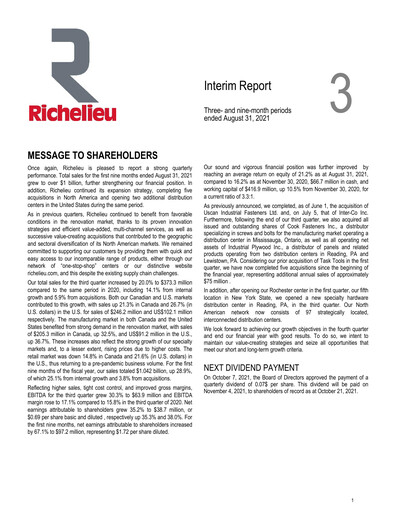Thumbnail Richelieu Hardware Quarterly Report 2021-q3