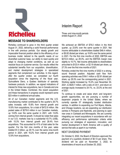 Thumbnail Richelieu Hardware Quarterly Report 2022-q3