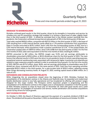 Thumbnail Richelieu Hardware Quarterly Report 2023-q3