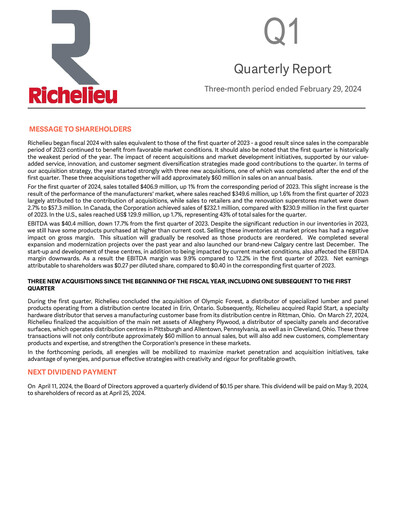 Thumbnail Richelieu Hardware Quarterly Report 2024-q1