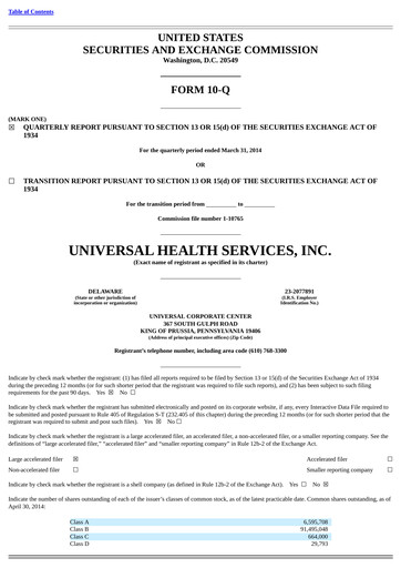 Thumbnail Universal Health Services
 Quarterly Report 2014-q1