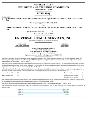 Thumbnail Universal Health Services
 Quarterly Report 2018-q1