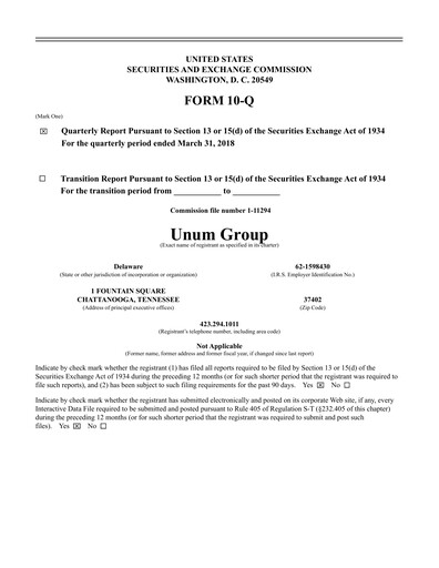Thumbnail Unum Quarterly Report 2018-q1