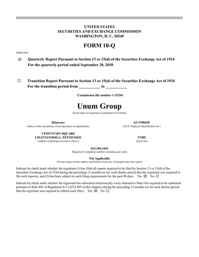 Thumbnail Unum Quarterly Report 2018-q3