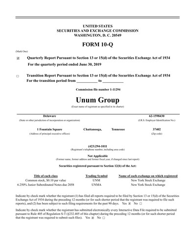 Thumbnail Unum Quarterly Report 2019-q2