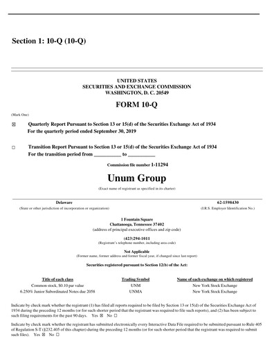 Thumbnail Unum Quarterly Report 2019-q3
