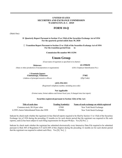 Thumbnail Unum Quarterly Report 2020-q2