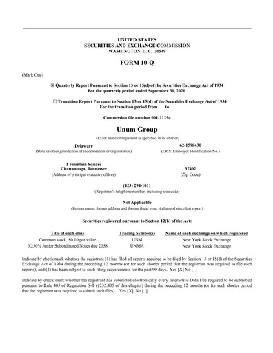 Thumbnail Unum Quarterly Report 2020-q3