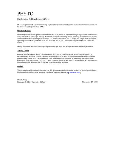 Thumbnail Peyto Exploration & Development Quarterly Report 1999-q3