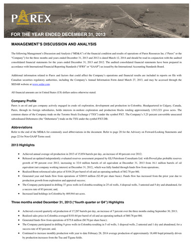 Thumbnail Parex Resources Financial Statement 2013