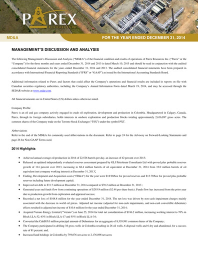 Thumbnail Parex Resources Financial Statement 2014